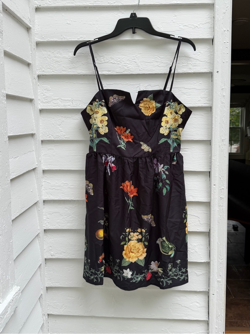 Floral Black Botanical Butterfly Caterpillar Spaghetti Strap Dress